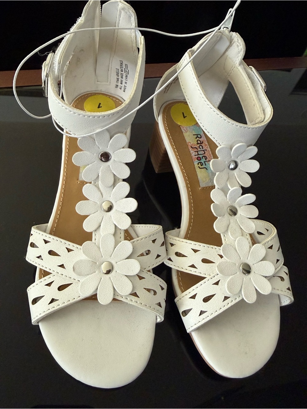 Rachel White Floral T-Strap Block Heel Sandals